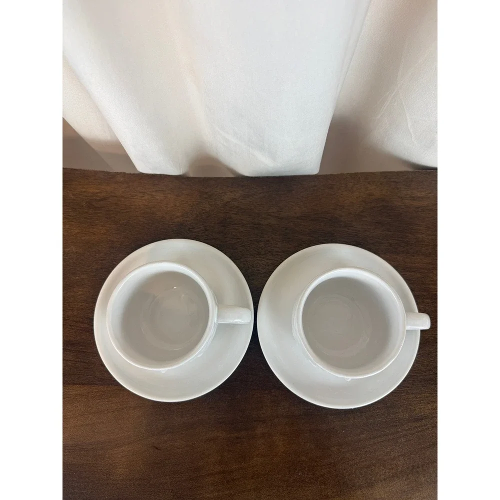 West Elm PAIR (2) White Embossed Ceramic Owl Mugs and Saucers RARE